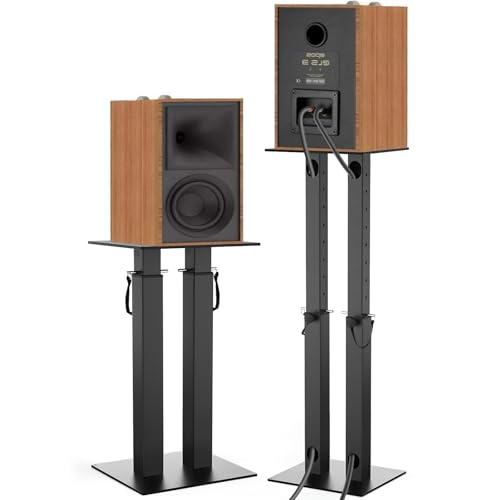 OUUTMEE Supports d'Enceinte Réglable en Hauteur, Lot de 2 Pieds d'Enceintes Universel avec Gestion des Câbles pour Enceintes Satellites Jusqu'à 20KG (Noir)