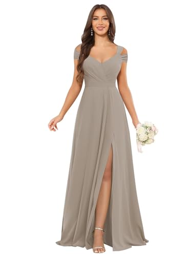 Image of petyoo Off Shoulder Chiffon Bridesmaid Dresses with Slit Long Formal Evening Dress