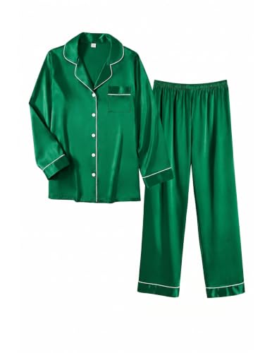 Image of Ekouaer Women Satin Pajamas Set Classic Button Down Long Pjs Set