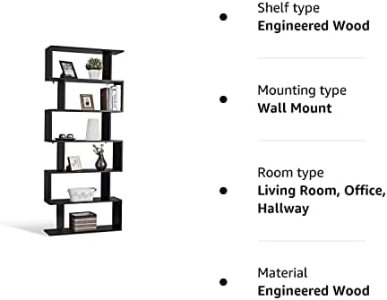 Multigot 5/6-Tier Wooden Bookcase, S-Shaped Decorative Bookshelf Organizer, Freestanding Shelving Storage Display Unit for Living Room, Study and Office (Black, 80 x 23 x 192cm)