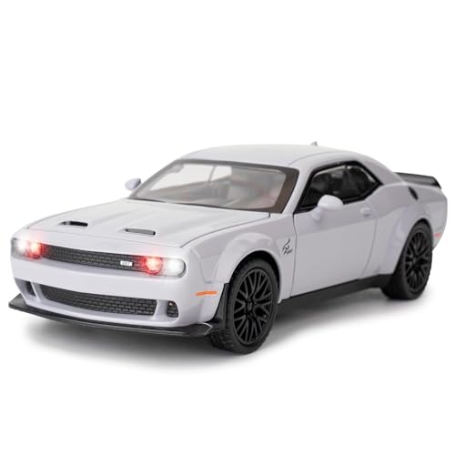 Image of Invite 1:32 Scale Dodge Challenger Hellcat Die-Cast Metal Toy Car with Lights & Sound, Pull Back Action, Openable Doors, Hood & Trunk | Alloy Sports Car Model for Kids & Collectors (Grey)