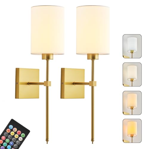 Image of KARTOOSH Battery Operated Wall Sconce Set of Two, Wireless Rechargeable Wall Light with Remote Control, Dimmable, 4 Color Temperatures, RGB, Timer, for Living Room,Bedroom,Entryway, Gold, 20.6 Inch