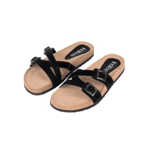 Image of Indifeet Daily Use Stylish Buckle Casual Cork Sandals for Women | Comfortable Arch Support Slippers with Adjustable Double Straps, Daily Use Flats, Light Weight Slides, Office, Outdoors, Home