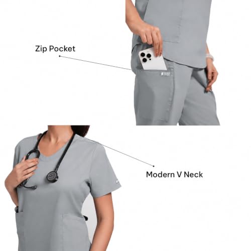 Image of Lite V-Neck 6-Pocket Women's Cotton ScrubSuit | Moisture-Wicking, Anti-Stain & Odor Protection | Classic Fit Top & Pant | All-Day Comfort for Doctors & Students Slate Grey (M)