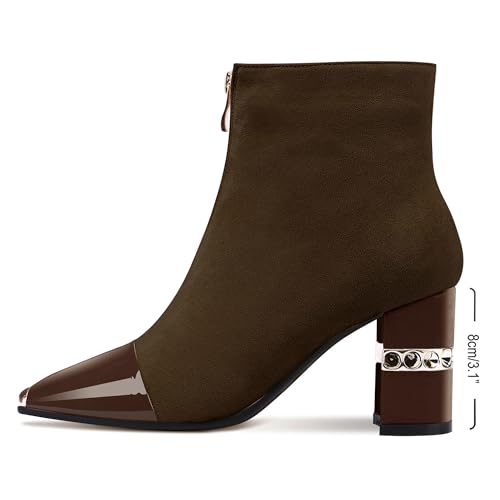 Image of XINIUNIU Women's Ankle Boots Block Chunky Heels Booties Metal Square Toe Suede Front Zipper 3 Inch Short Boot Dress
