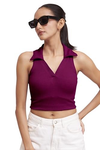 Image of BERRY BIRD Stylish Sleeveless V-Neck Slim Fit Collar Ribbed Knit Tank Crop Tops for Women & Girls Beach and Gym Wear and Western Trendy Fashion