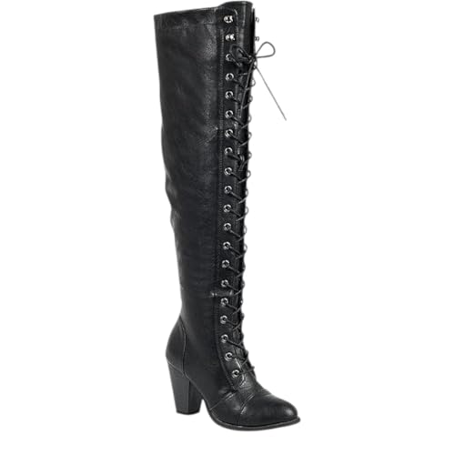 Forever Link Women Chunky Heel Over The Knee Thigh High Riding Lace Up Tall Boots Long Camila-48 Pu Black 9
