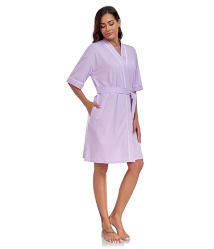 Image of ANLIQI Womens 100% Cotton Robes Lightweight Summer Short Sleeve Lady Bathrobe Knee Length Kimono Robe Sleepwear with Pockets