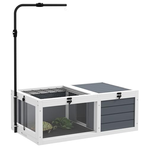 PawHut Maison enclos Cage pour Petit Animal Tortue avec 2 espaces, Support de Lampe réglable, 2 Plateaux coulissants, 81 x 48 x 31,5 cm - Bois Massif Gris