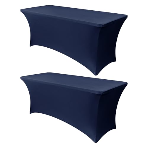 Image of Obstal 4Ft Stretch Spandex Table Cover for Standard Folding Tables - 2 Pack Universal Rectangular Fitted Tablecloth for Party, Banquet, Events, Trade Show (Navy Blue, 48L x 24W x 30H Inches)