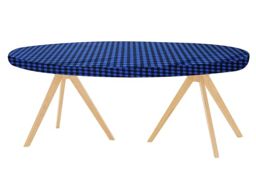 Image of The Furnishing Tree Elastic Oval Dining Table Cover WxL 42x72 in Inches Polyester Checkered Pattern Blue