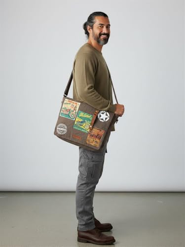 Image of The House of tara Distressed Cotton Canvas Messenger Bag for Men and Women | Printed Crossbody Sling Bag With Laptop Compartment (Upto 15.6 Inch), Broad Adjustable Straps (Acorn Brown)