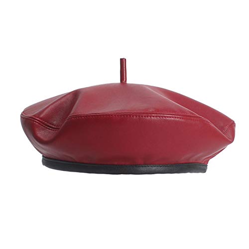 Woman's Classic PU Leather Beret Solid Color Flat Top Painter Hat Ladies Girls Soft Charming Artist Cap Red