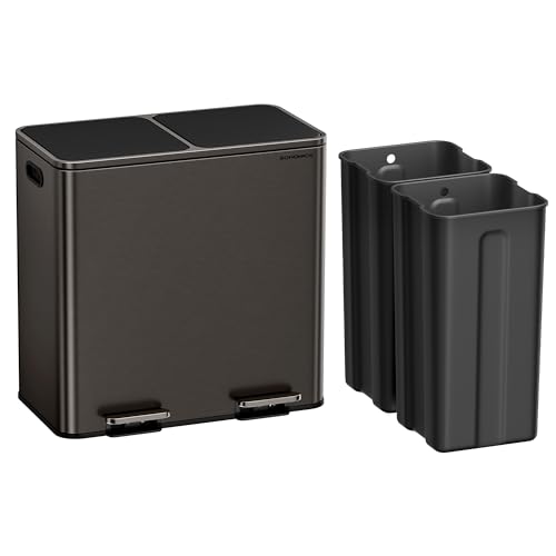 SONGMICS Trash Can, 2 x 10.6 Gallon (2 x 40 L) Garbage Can for Kitchen, with 15 Trash Bags, 2 Compartments, Plastic Inner Buckets and Hinged Lids, Airtight, Slate Gray ULTB730G01V1