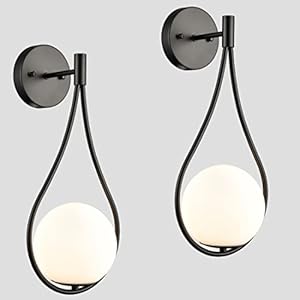 Holkirt black wall sconces set of two mid century modern wall light fixtures for bedroom living room bathroom with white opal hand blown globe glass  urban country home decor