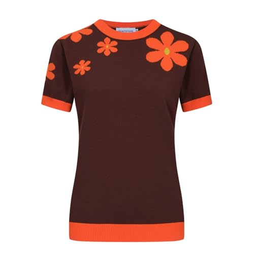 OXKnit Women's Short Sleeve Red Flowers Knitted Vintage T-Shirt, 1960s Mod Style Casual Cotton Knitted Retro T-Shirts