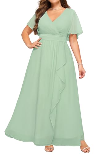 Plus Size Bridesmaid Dresses Sage Green Mint Formal Wedding Guest Chiffon Short Sleeves A Line Long Dress Curvy Women