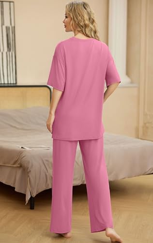 Image of PrinStory Womens Pajamas Sets 2 Piece Lounge Set Short Sleeve Tops and Long Pants Soft Pjs Loungewear with Pockets
