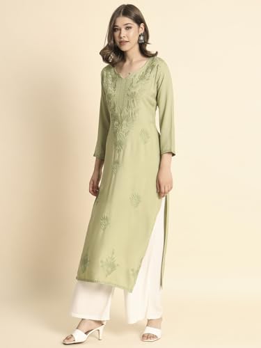 Image of VAIRAGEE Women's Embroidered Lukhnavi Chikankari Work Straight Rayon Ethnic Kurta | Casual Office Kurta for Women