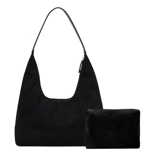 Handtasche Damen Tote Bag Wildleder Shopper Tasche Damen Groß Vintage Slouchy Hobo Bag Tragetasche Tote Henkeltasche Mädchen (Schwarz)