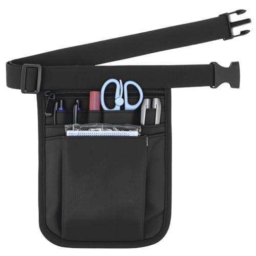 ChAusa Riñonera de Enfermera, Bolsa de Cinturón Multibolsillo, Riñonera Multifuncional, Organizador Ajustable, Porta Herramientas Cintura para Tijeras, Gasa, Estetoscopio, 25x18cm (Negro)