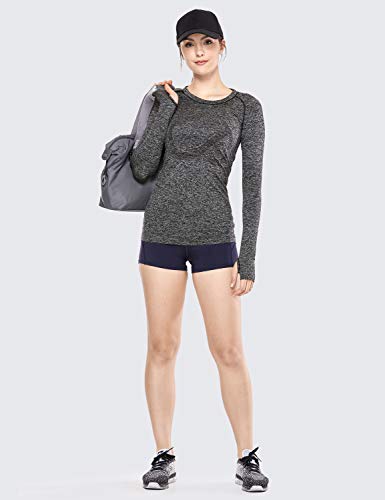 CRZ YOGA Women's Seamless Athletic Long Sleeves Sports Running Shirt Breathable Gym Workout Top Black/White-Slim Fit Medium