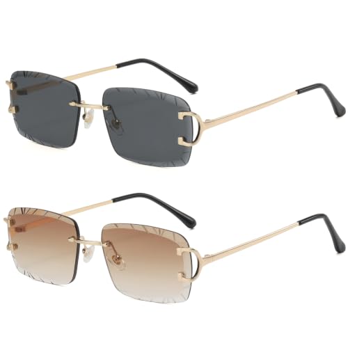 Image of Retro Rimless Rectangle Sunglasses for Men Women Luxury Frameless Square Trendy Shade Diamond Cutting Eyewear