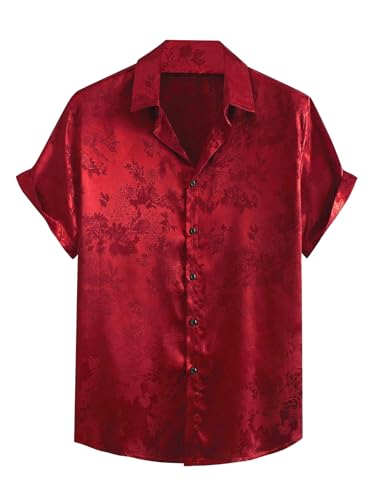 Men's Satin Button Down Shirts Floral Short Sleeve Party Disco Luxury Shirt
