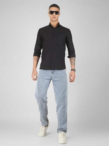 Image of Mens Cotton Lycra Full Sleeve Slim Fit Semi-Formal Shirt | Textured Pattern | Curved Hem