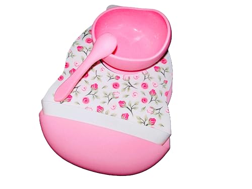 Floral Print Baby Bib with Adjustable Closure, Pink and Marble with Pink Roses Pattern Bibs, Bowl and spoon included. 4 piece4