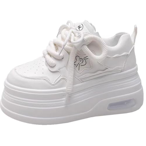 Women's White Chunky Platform Walking Sneakers 3.1 Inch Thick Sole Breathable Lace-Up Streetwear Shoes Fit Well