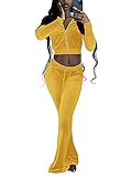 Womens Velvet 2 Piece Suit Long Sleeve Full Zipper Elastic Waist For Ribbed Adjustable Trouser Pockets Sets Yellow S