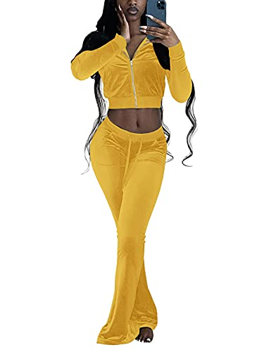 Womens Velvet 2 Piece Suit Long Sleeve Full Zipper Elastic Waist For Ribbed Adjustable Trouser Pockets Sets Yellow S #TOP7