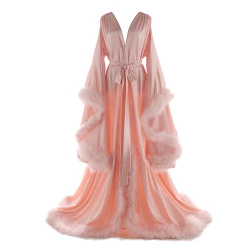 Daily Life Mall Women's Feather Bridal Robes Old Hollywood Maternity Photoshoot Cover Up Nightgown Silk Bathrobe Pink Long Lingerie