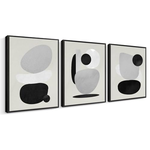 Toile encadrée noire abstraite triptyque moderne pour salon