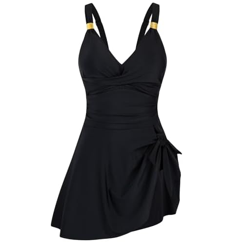 HUSKARY Women Swimsuit One Piece Tummy Control Swimdress Full Coverage Flowy Bathing Suits Gold Metal Tie Knot Swim Dress 24 Plus Black