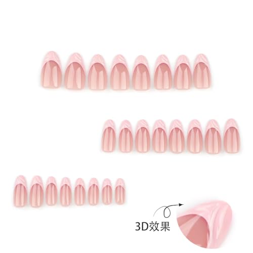 Image of Pink French Tip Press on Nails 3D Wave Fake Nails Spring Summer Glue on Nails Medium Almond False Nails with Design Reusable Artificial Acrylic Full Cover Nude Stick on Nail for Women Manicure 24Pcs