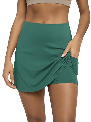 ODODOS Women's Athletic Tennis Skorts with Pockets Built-in Shorts Golf Active Skirts for Sports Running Gym Training, Green, Medium