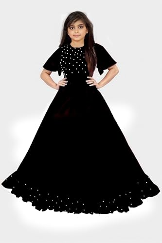 Image of FINAXO FASHION Girls Rayon Solid with Beads Work Half Sleeve Round Neck Ethnic Wear Long Flared Gown | Casual Maxi Fit and Long Flared Dress Gown for Girls