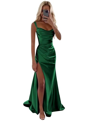 Spaghetti Strap Satin Prom Dresses for Women Pleated Corset Formal Evening Gown with Slit