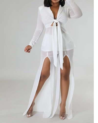 Sexy 2 Piece Outfits for Women Clubwear Mesh Lapel Blazer Top Slit Wide Leg Pants Set Birthday Outfits2