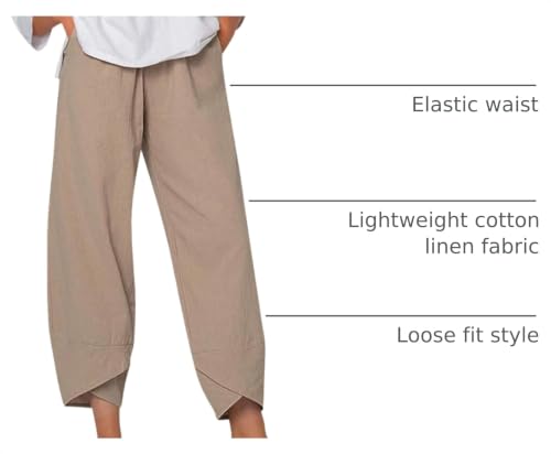 Image of Cotton Linen Capri Pants for Women 2025 Casual Printed Cropped Palazzo Pants Elastic Waist Lounge Baggy Trousers