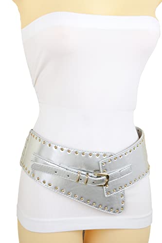 Women Fashion Gold Studs Buckle Western Belt Wide Faux Leather Elastic Silver S4