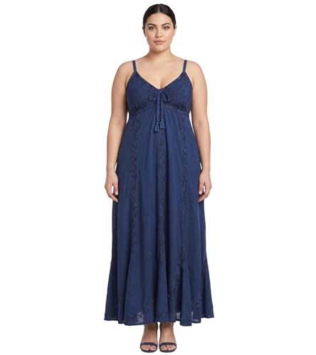 Image of Sakkas Allie Stonewashed Embroidered Adjustable Spaghetti Straps Long Dress
