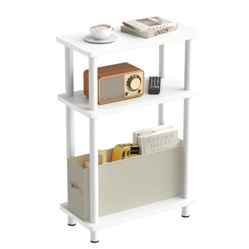 APICIZON サイドテーブル スリム ナイトテーブル 布製引き出し付き ミニテーブル 木目調 収納棚付き ベッドサイド ソファサイド ラック おしゃれ 小さい ベッド横 カフェテーブル (40cm*18cm*62cm、ホワイト)