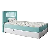 MKS MEBLE Kinderbett mit Led - Polsterbett Gold 1 Junior - Jugendbett Funktionsbett Led Bett Boxspringbetten für Kinderzimmer, Jugendzimmer - 90x200 Türkis und Weiß