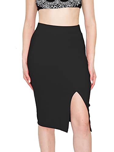 FashionMille Women Slim Fit Comfy Stretchy Bodycon High Waist Pencil Skirt with Slit
