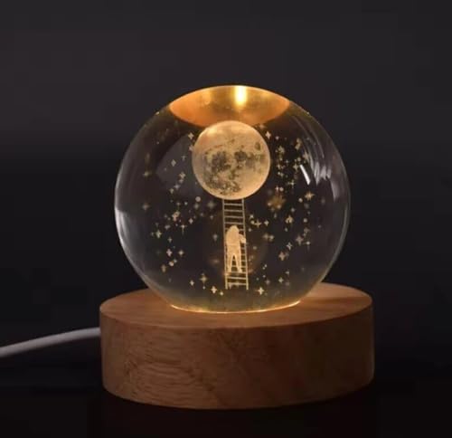Image of 3D Astronaut Moon Climb Crystal Ball LED Night Lamp, Space Explorer Design with Wooden Base, Glowing Table Light for Kids, Bedroom Decor (Astronaut Climb)