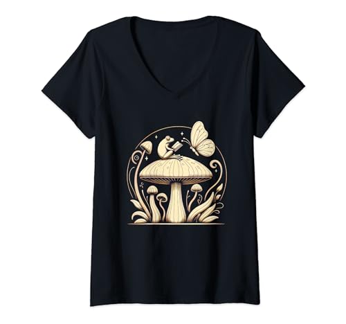 Cottagecore Mushroom Frog Dark Academia Mujeres Goblincore Camiseta Cuello V