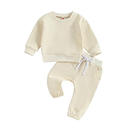 Image of Veurshop 2PCS Toddler Boy Girl Fall Outfit Unisex Baby Solid Color Clothes Long Sleeve Sweatshirt Tops Drawstring Pants Sets (Apricot, 0-6 Months)